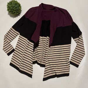 Staccato‎ Purple Tan Black Stripe Long Sleeve Waterfall Cardigan Sweater Small